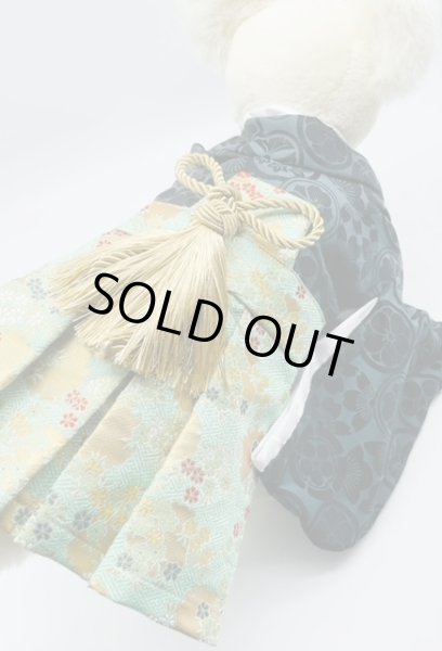 画像6: 犬服/猫服 袴 ジャカード 丸花紋づくし 金らん・さやがた地に金雪輪(エメラルドグリーン) (6)