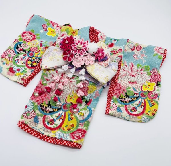 画像2: 犬服/猫服　晴れ着　ちりめん生地 花御所車の雅び(水色)　振袖スタイル (2)