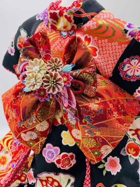 画像6: 犬服/猫服　晴れ着　京・金彩友禅 雪輪橘に手毬（黒）振袖スタイル　お引きづり/通常着丈選択可能 (6)