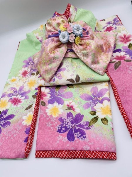 画像6: 犬服/猫服　晴れ着　京・金彩友禅 霞に桜花（淡緑）振袖スタイル　お引きづり/通常着丈選択可能 (6)