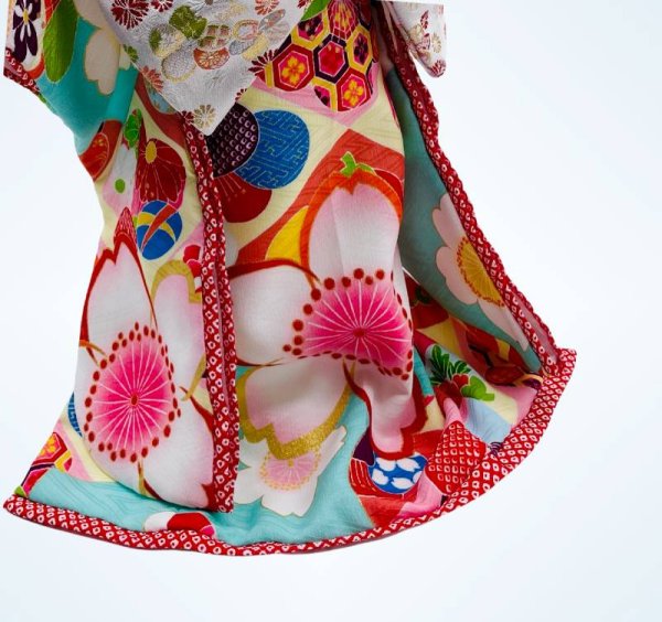 画像4: 犬服/猫服　晴れ着　 梅柄・ブルー  振袖スタイル　お引きづり/通常着丈選択可能 (4)