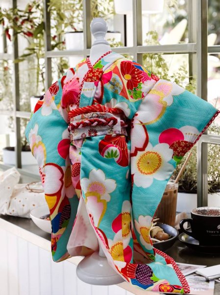 画像3: 犬服/猫服　晴れ着　 梅柄・ブルー  振袖スタイル　お引きづり/通常着丈選択可能 (3)