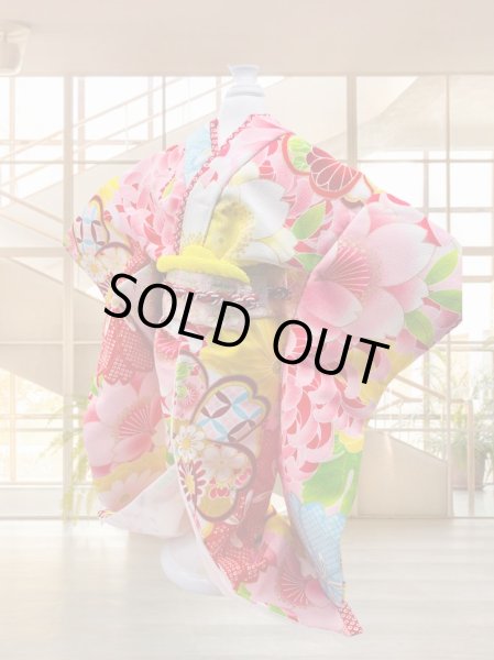 画像3: 犬服/猫服　晴れ着　 梅・キク柄・ピンク  振袖スタイル　お引きづり/通常着丈選択可能 (3)