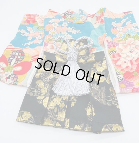 画像3: 犬服/猫服 袴 一越ちりめん・水辺の花景色(水色) 金襴生地(金らん) 金の花丸(黒) (3)