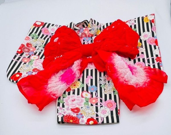 画像2: 浴衣2022 　縞に花結び(黒) (2)