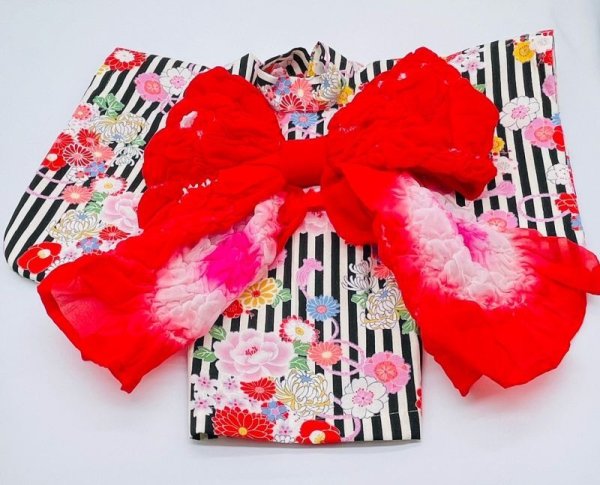 画像3: 浴衣2022 　縞に花結び(黒) (3)