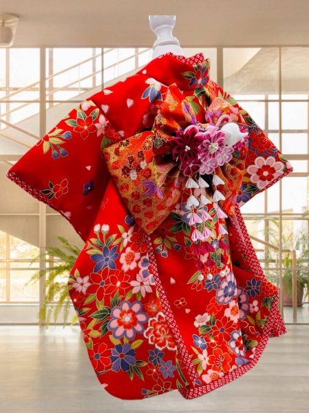 画像2: 犬服/猫服　晴れ着　京・金彩友禅 華みやび /金襴織物 籠目垣に八重桜  振袖スタイル　お引きづり/通常着丈選択可能 (2)