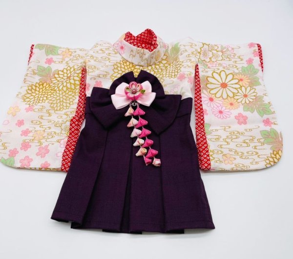 画像2: 犬服/猫服 袴 一越ちりめん生地 観世水に菊と桜 サザンクロス深紫 (2)