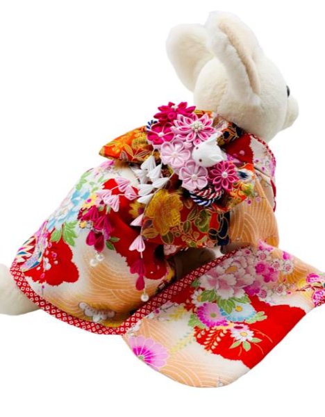画像3: 犬服/猫服 晴れ着 一越ちりめん・波文様に花(赤)  振袖スタイル お引きづり/通常着丈選択可能 (3)