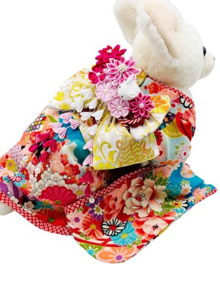 画像3: 犬服/猫服　晴れ着　一越ちりめん・水辺の花景色(水色)  振袖スタイル　お引きづり/通常着丈選択可能 (3)