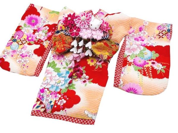 画像2: 犬服/猫服 晴れ着 一越ちりめん・波文様に花(赤)  振袖スタイル お引きづり/通常着丈選択可能 (2)