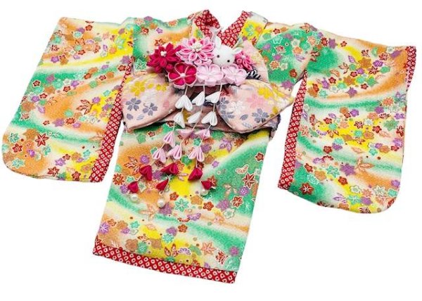 画像2: 犬服/猫服　晴れ着　ちりめん生地 吹寄せパステル調  振袖スタイル　お引きづり/通常着丈選択可能 (2)