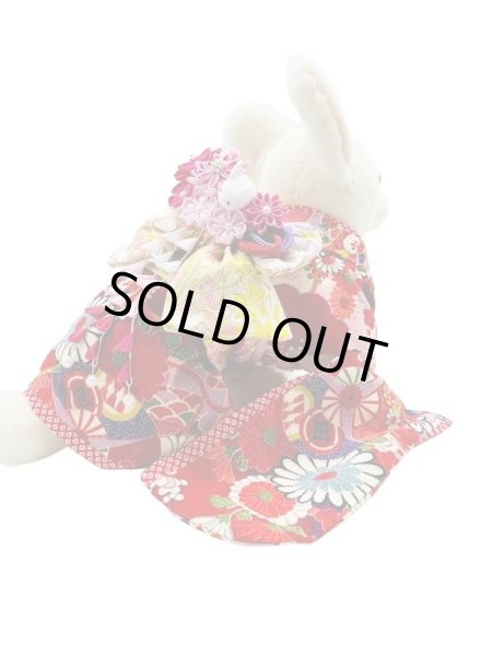 画像3: 犬服/猫服　晴れ着　古布再現ちりめん生地・平安花車模様(赤) 振袖スタイル　お引きづり/通常着丈選択可能 (3)