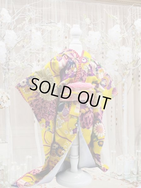 画像3: 犬服/猫服　晴れ着　古布再現ちりめん生地・御所車に花扇(黄色) 振袖スタイル　お引きづり/通常着丈選択可能 (3)