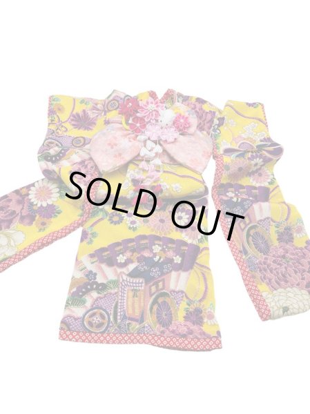 画像4: 犬服/猫服　晴れ着　古布再現ちりめん生地・御所車に花扇(黄色) 振袖スタイル　お引きづり/通常着丈選択可能 (4)