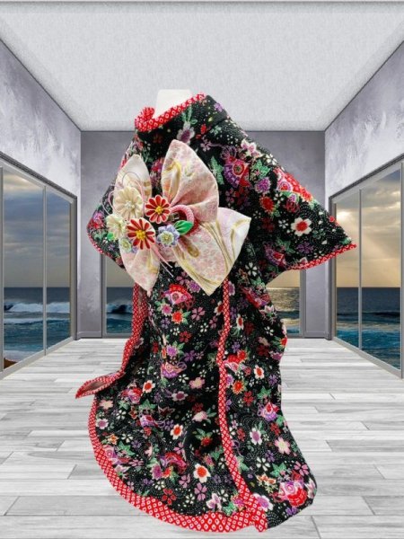 画像2: 犬服/猫服　晴れ着　京友禅 金彩ちりめん 菊扇文 (黒)  振袖スタイル　お引きづり/通常着丈選択可能 (2)