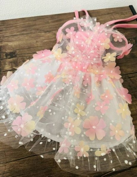 画像2: 立体お花チュールレースワンピース　ピンク/黄色 (2)