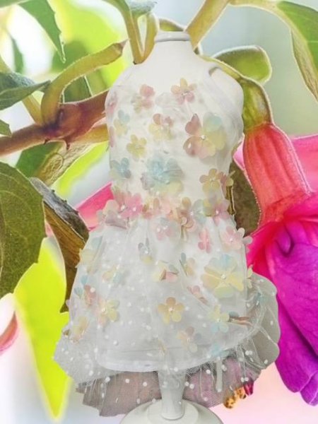 画像5: 立体お花チュールレースワンピース　水色/黄色/ピンク (5)