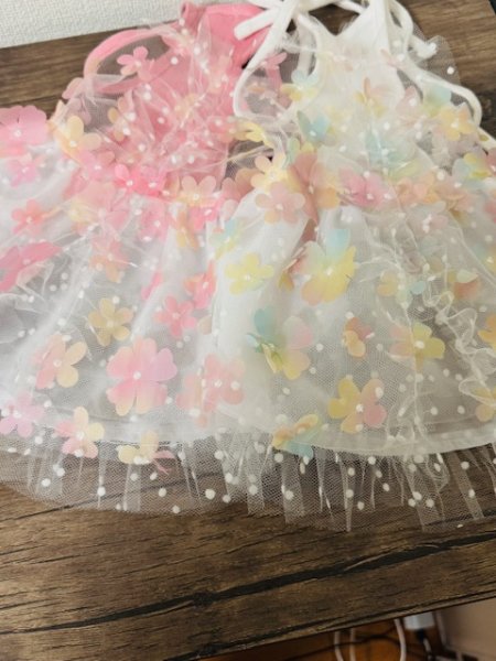 画像4: 立体お花チュールレースワンピース　水色/黄色/ピンク (4)