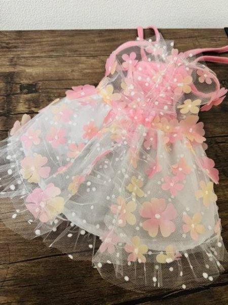 画像1: 立体お花チュールレースワンピース　ピンク/黄色 (1)