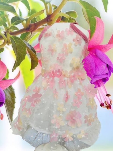 画像5: 立体お花チュールレースワンピース　ピンク/黄色 (5)