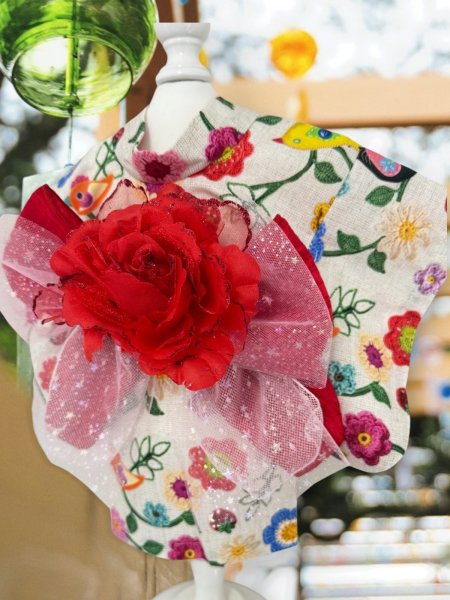 画像5: 浴衣  かぎあみ風お花、小鳥プリント (5)
