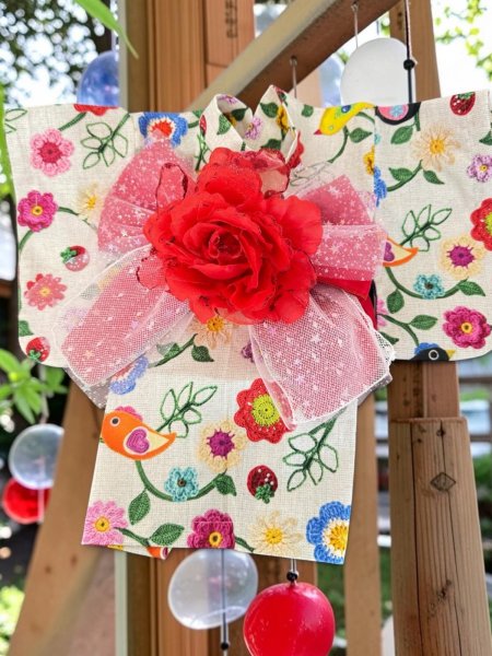 画像2: 浴衣  かぎあみ風お花、小鳥プリント (2)